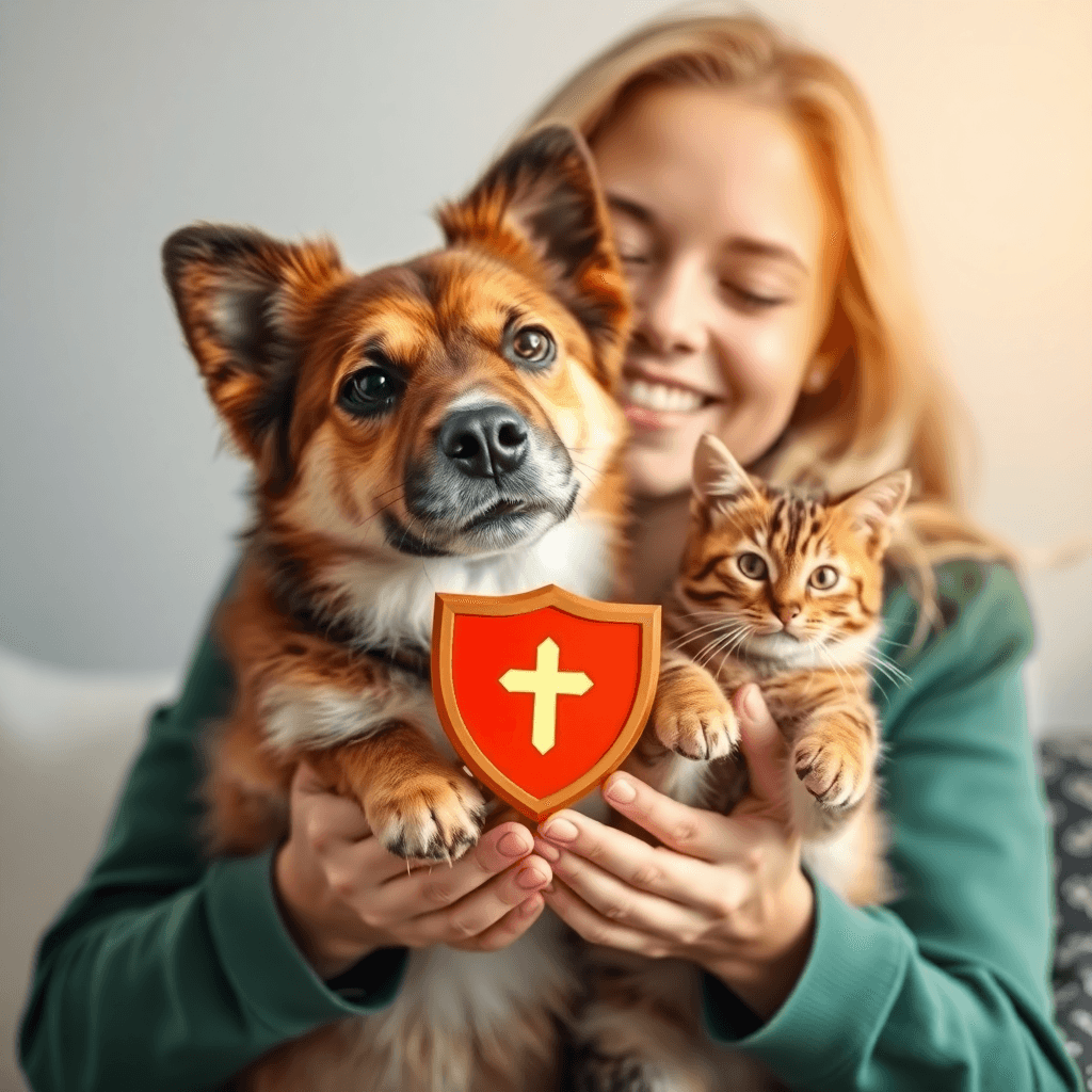 happy pet owner with dog and cat feeling safe and protected, caring hands, shield symbol, warm protection concept